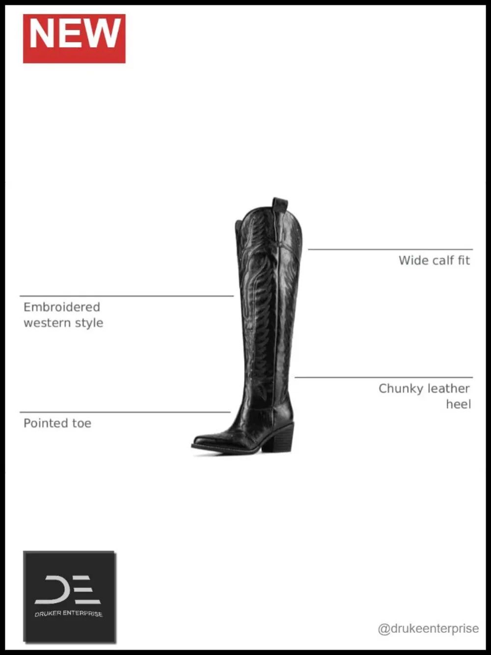 Women's Embroidered Over the Knee Cowboy Boots Wide Calf Chunky Heel Pointed Toe